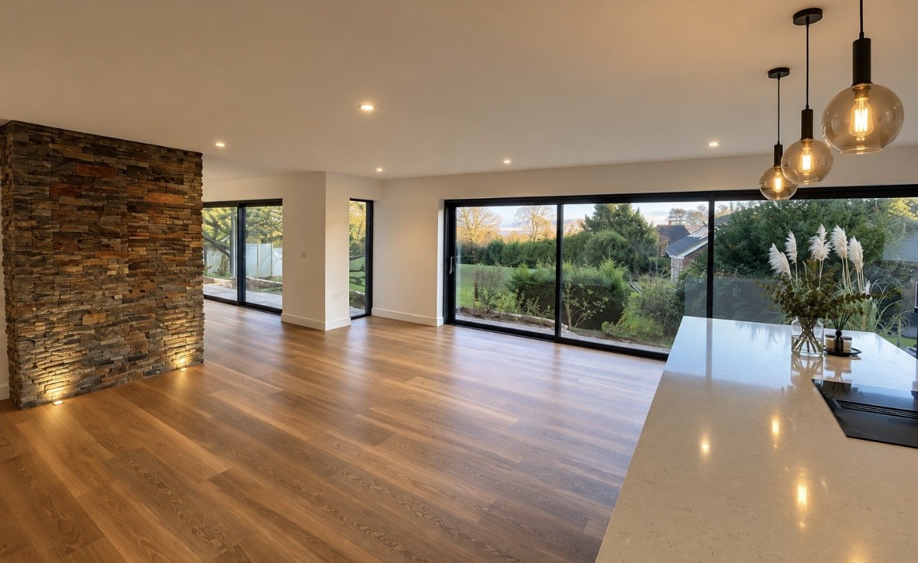 Finished open-plan kitchen and living extension at dusk, with stone feature wall, pendant lighting and sliding glass doors, built by Blackthorn Developments