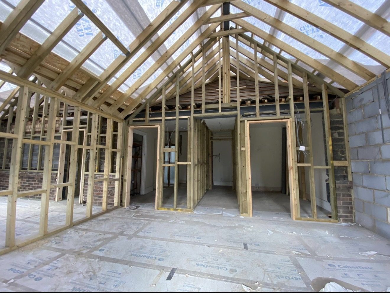 Vaulted roof timber frame during construction of an open-plan extension